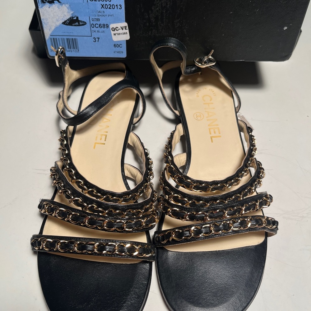CHANEL Black and Gold Chain Sandals